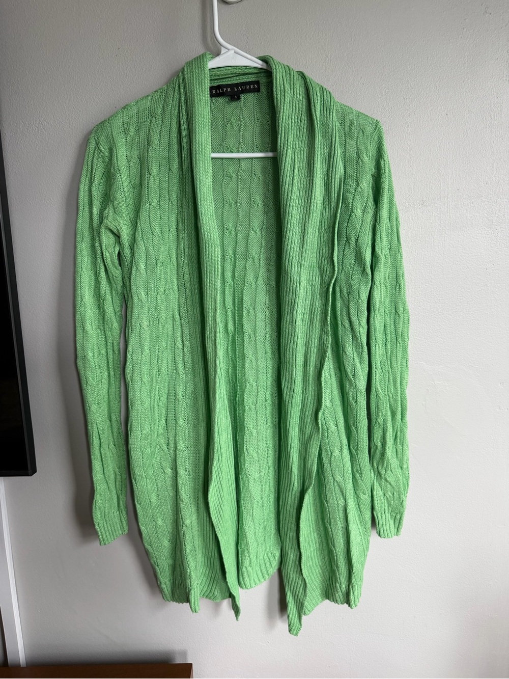 Ralph Lauren Black Label Green Cable Knit Open Front Cardigan Sweater Womens S